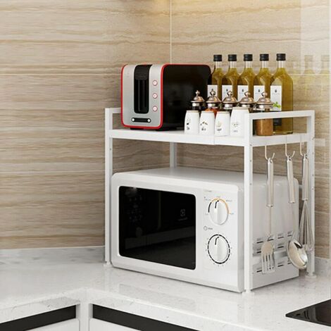 Support pour micro-ondes extensible à 2 niveaux en acier inoxydable (43-65 cm), organisateur de cuisine, étagère à micro-ondes avec 6 crochets, support pour micro-ondes, étagère pour plan de travail