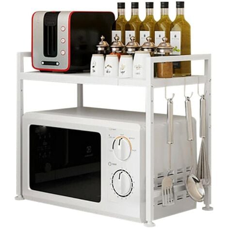 Support pour micro-ondes extensible à 2 niveaux en acier inoxydable (43-65 cm), organisateur de cuisine, étagère à micro-ondes avec 6 crochets, support pour micro-ondes, étagère pour plan de travail