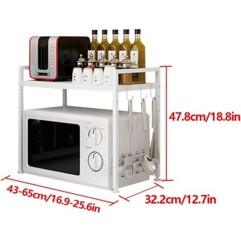 Support pour micro-ondes extensible à 2 niveaux en acier inoxydable (43-65 cm), organisateur de cuisine, étagère à micro-ondes avec 6 crochets, support pour micro-ondes, étagère pour plan de travail