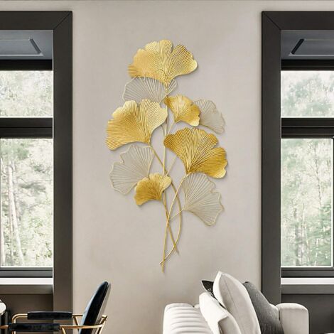 Gojoy – Décoration murale Ginkgo 3D en métal doré – Fer de haute qualité – Dimensions 110 x 55 cm – Fixation murale pour intérieur