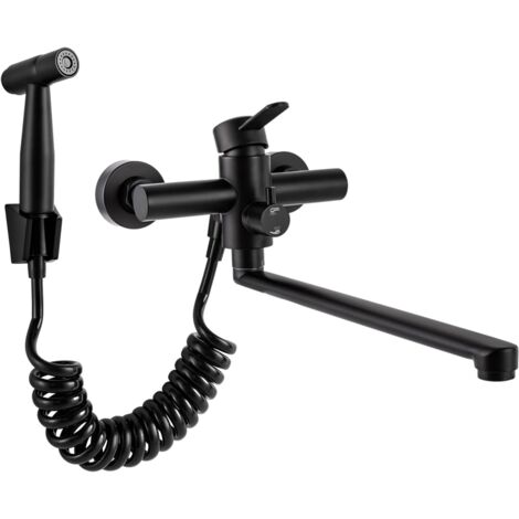 Robinet avec pistolet pulvérisateur, robinet mural de cuisine, montage mural, en acier inoxydable brossé, robinet d'évier pivotant à 360°, tube rotatif de 35 cm