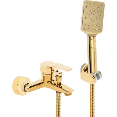 Gojoy – Ensemble de douche mitigeur thermostatique – Robinet cascade en cuivre doré – Douchette à main anti-enchevêtrement – 2 sorties d'eau