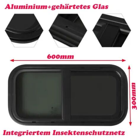 Fenêtre Latérale Caravane QUIOTUIR 70x40cm Aluminium Verre Trempé Noir - Coulissante Avec Moustiquaire