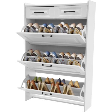 Meuble à Chaussures Moderne Avec 2 Tiroirs + 2 étages Pour Bottes – Rangement Autonome – Bois & Métal – Blanc