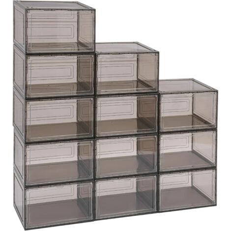 12 pièces acrylique empilable boîtes à chaussures, 34 x 27 x 22 cm, vitrine de Chaussures grande armoire de rangement Convient pour l'organisation de chaussures, vêtements, jouets, livres, etc. (Noir (1/5)