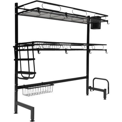 Égouttoir à vaisselle sur évier, 2 niveaux en acier inoxydable, Grand égouttoir de cuisine, Avec porte-ustensiles, support de planche à découper, bloc à couteaux, Noir (82 cm) (1/5)