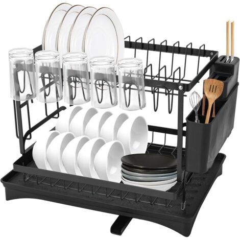 Bac d'égouttement à 2 niveaux, égouttoir à vaisselle à 2 niveaux avec égouttoir amovible, support pour couverts et planche à découper, porte-tasses, noir (1/5)
