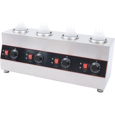 Chauffe-sauce électrique commercial avec 4 bouteilles de sauce, acier inoxydable, chauffe-sauces, plaques chauffantes à luiser, température réglable (30-85 °C), chauffage par immersion d'eau