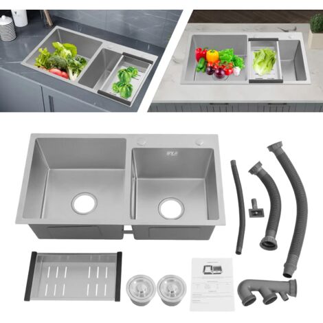 Évier de cuisine en acier inoxydable, 2 bacs, 78 x 43 x 21 cm, Évier encastrable, Double évier avec Panier d'égouttage et Filtres de drainage