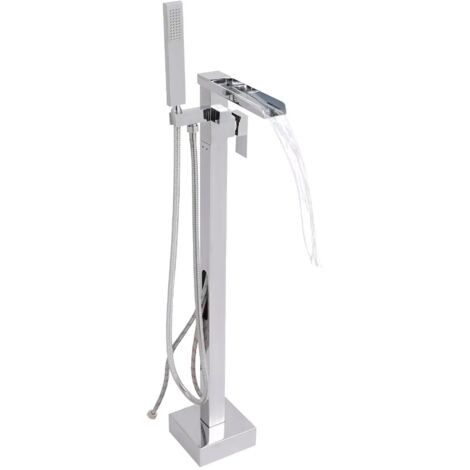 Robinet de baignoire autoportant, Pivotant À 360° Bec, Deux modes de sortie d'eau, Mitigeur Robinet de Baignoire avec douchette, pour Salle de Bain, hôtels, SPA, argenté