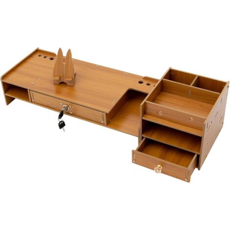 Support de moniteur en bois, Design ergonomique avec 2 tiroirs et 6 compartiments, Pour ordinateur portable, 48 x 20 x 10,5 cm (1/5)