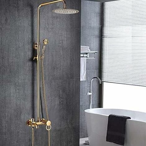 Mitigeur Robinet de douche noir pomme de douche carré 3 trous poignée d'or  pour salle de bains style rétro