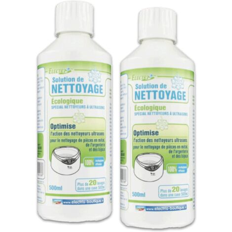 Lot de 2 solutions liquides pour nettoyeurs ultrasons 500 ml – Formule écologique – Plus de 20 lavages par bidon – Nettoyage pièces métal et bijoux – Electris