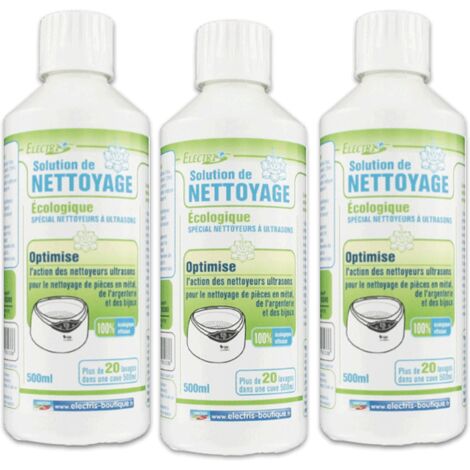 Lot de 3 solutions liquides pour nettoyeurs à ultrasons – 500 ml par bidon – Formule écologique et biodégradable – Nettoyage pièces métal et bijoux – Electris