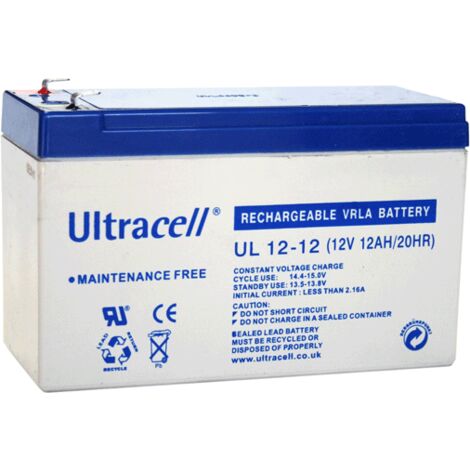 Batterie rechargeable Plomb/VRLA 12V/12Ah, Ultracell, Gamme UL, sortie pour cosses faston 4,8mm