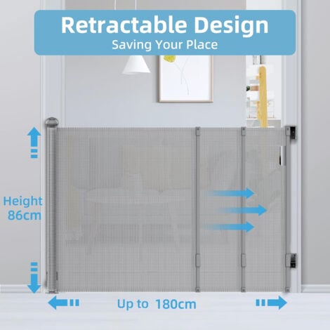 Barrière de Sécurité Rétractable pour Bébé, 0-180 cm Barriere Retractable Enfant Adaptée aux Escaliers, Couloirs, Intérieur et Extérieur Gris