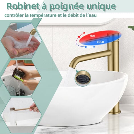 Robinet Salle de Bain, Mitigeur de Lavabo Bec 45°,Chaud Froid Réglable,Robinet Lavabo en Acier Inoxydable - Or