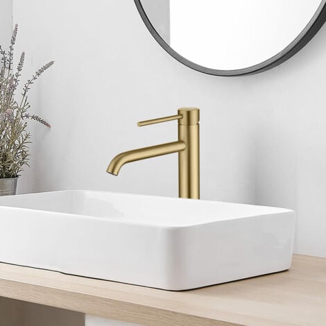 Robinet Salle de Bain, Mitigeur de Lavabo Bec 45°,Chaud Froid Réglable,Robinet Lavabo en Acier Inoxydable - Or