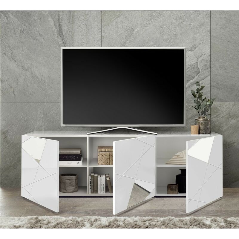 Mobile Porta TV grigio lucido 3 ante con inserti specchio L. 181 cm -  Lisbona