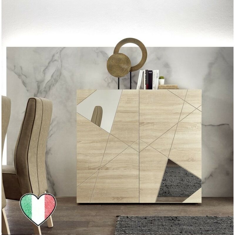 Credenza soggiorno Rovere Samoa, 2 Ante con inserti a specchio L. 121 cm -  Lisbona