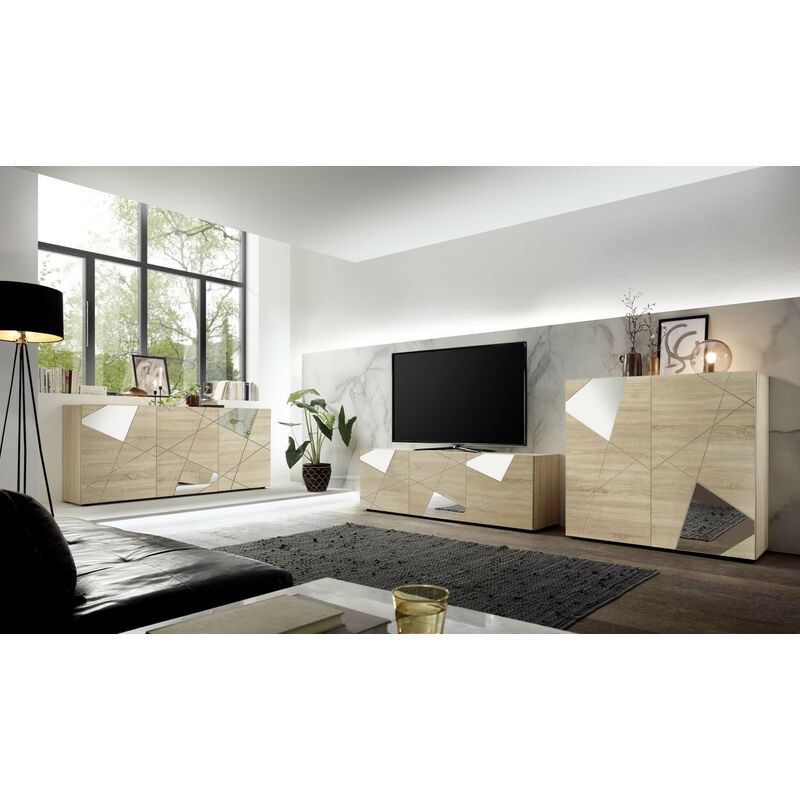 Mobile Porta TV Rovere Samoa, 3 ante inserti specchio L. 181 cm - Lisbona