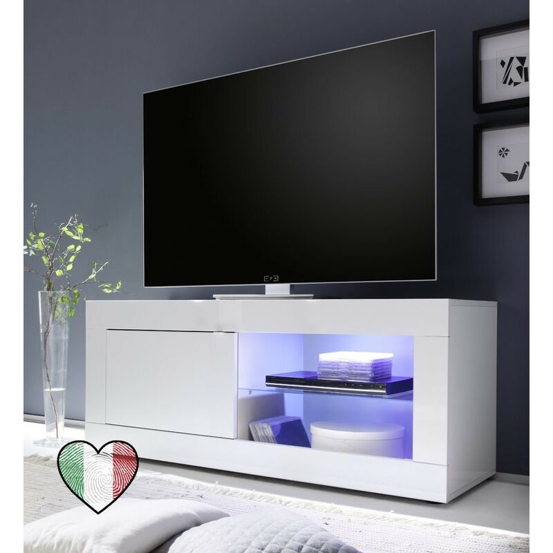 Base Porta TV moderno con mensola in vetro, finitura Noce Dark