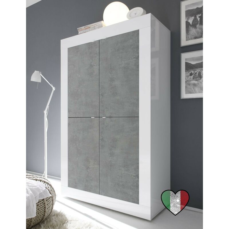 Credenza soggiorno alta bianco lucido, 4 ante Cemento L. 102 cm - Basic