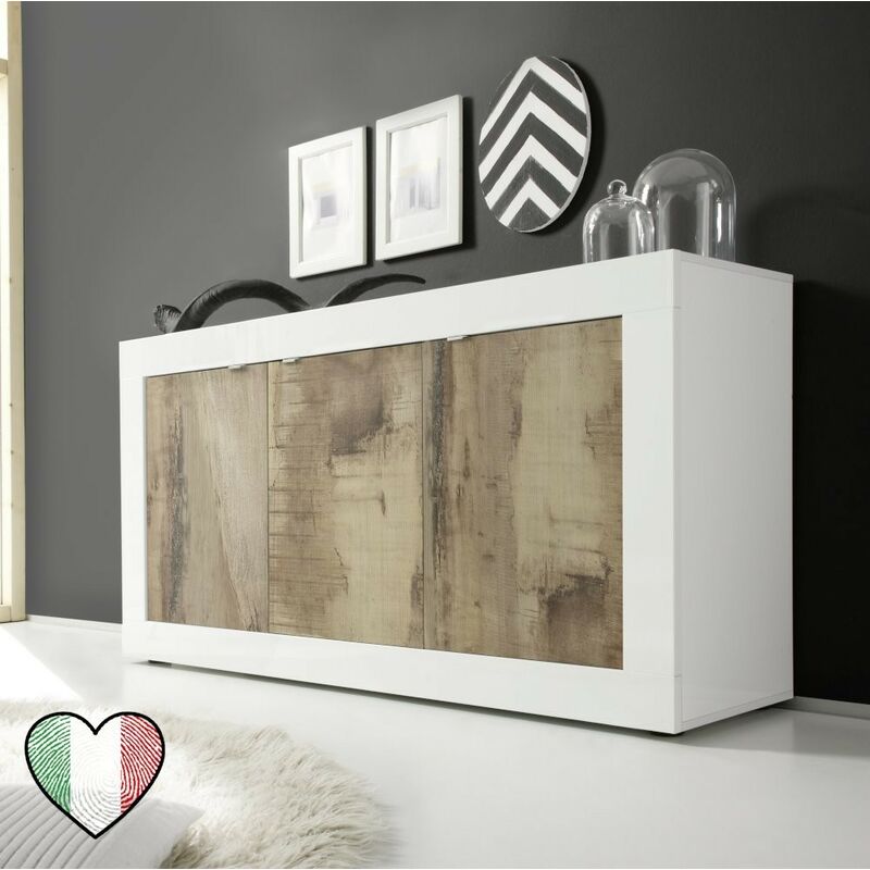 Credenza moderna bassa per soggiorno Bianco laccato lucido, 2 ante e 2  cassetti color Pero - Basic