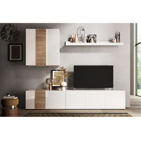 Parete attrezzata soggiorno L 301 Bianco Lucido / Rovere Cadiz - Venus