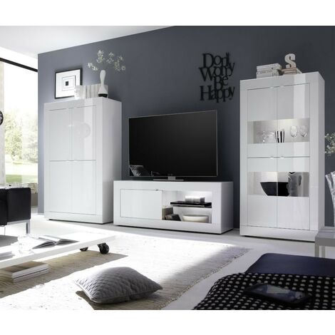 Credenza moderna bassa da soggiorno Bianco laccato lucido, 2 ante e 2  cassetti color Cemento - Basic