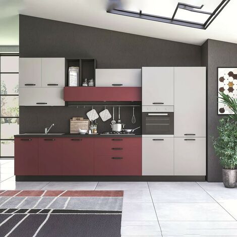 Cucina a composizione fissa lineare, rosso vino/bianco opaco con  elettrodomestici L. 360x228 - Gioia