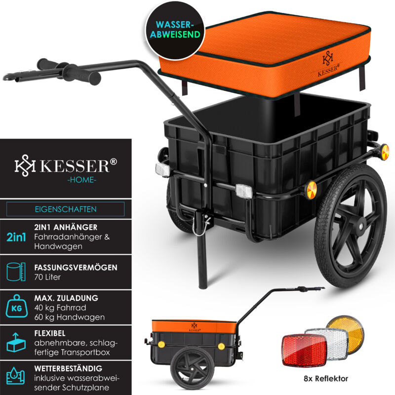 Remorque Vélo KESSER 2en1 - 70L Volume, 60 Kg Charge - Chariot Transport Avec Bâche Imperméable