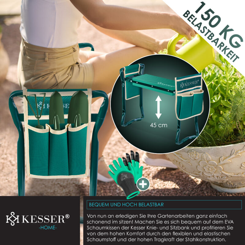 Banc De Jardin 2en1 KESSER - Genouillère Et Tabouret Rembourré, 150kg, Vert/Beige, Poches Intégrées
