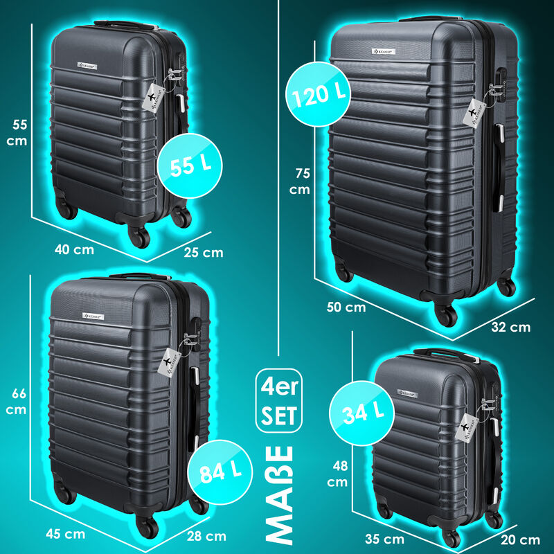Set de 4 valises rigides argent S/M/L/XL 34L, 55L, 84L 120L
