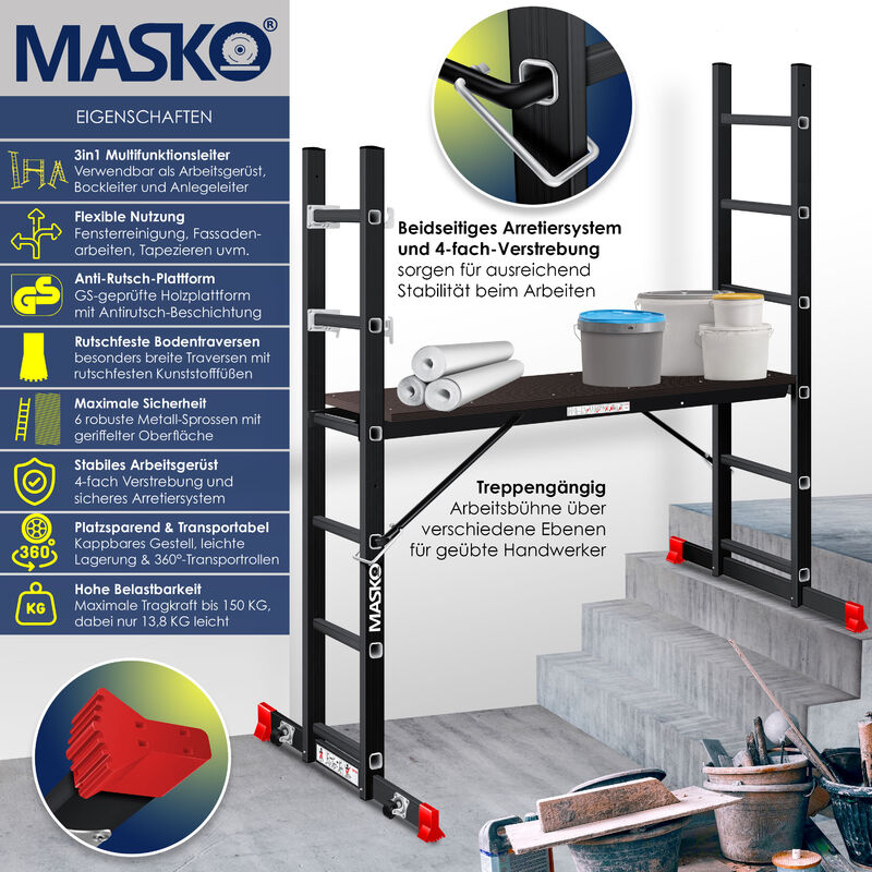 Masko® Échafaudage de chantier Échafaudage en aluminium Aluminium Échelle  Échafaudage de travail Plate-forme de travail | Peut supporter jusqu'à 150