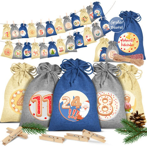 KESSER® Calendrier de l'Avent à remplir 24 sacs en jute Sacs en tissu  imprimés Calendrier de Noël pour enfants à remplir soi-même Avec 24  étiquettes +