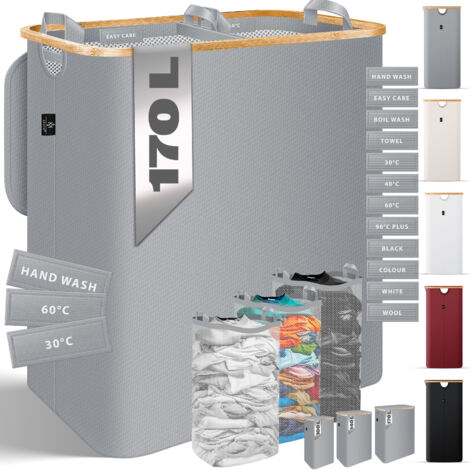 Panier à Linge Pliable, 140 L, 2 Compartiments, Seau à Linge Avec Poignee En Bambou Panier A Linge Avec Sac Oxford Amovible Pour Buanderie Chambre Salle De Bain 88290134