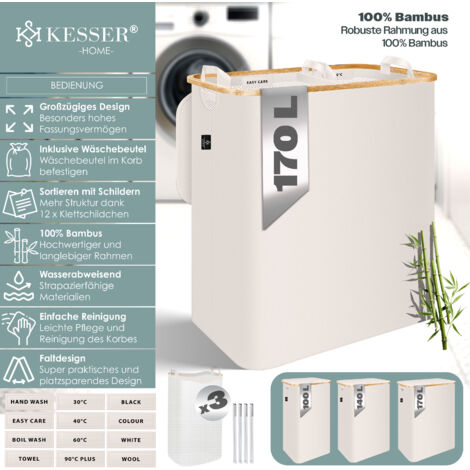 KESSER® Panier à linge pliable avec couvercle - 100 l - Avec 2 sacs à linge amovibles - Avec instructions de lavage - Blanc
