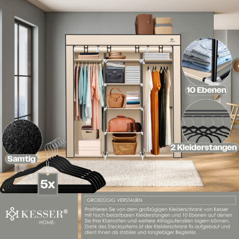 KESSER Armoire En Tissu Pliable 150x45x175 Cm Grise - Garde-Robe Avec Tringle Et 13 Étages + 5 Cintres
