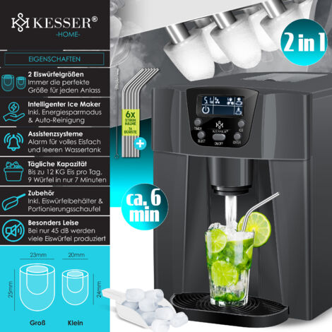 Machine à Glaçons KESSER 12kg/24h - 2 Tailles, Réservoir 2L, Acier Inox