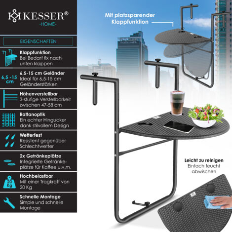 KESSER Table Suspendue Balcon Pliable 3 Niveaux - Tablette Balcon Rampante Résistante Intempéries Avec Porte-Gobelets