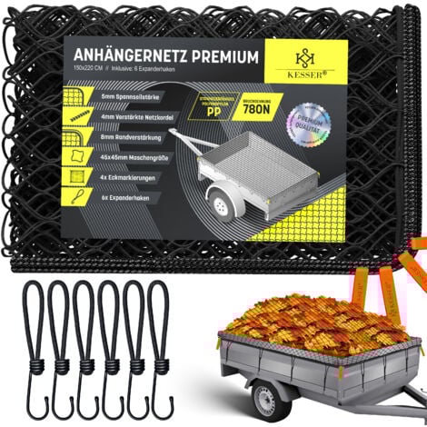 KESSER® Filet de remorque à mailles fines avec crochets  Filet de remorque avec corde de tension, cordelette de filet & 8mm de renforcement des bords pour sécuriser le chargement  Filet de sécurité av
