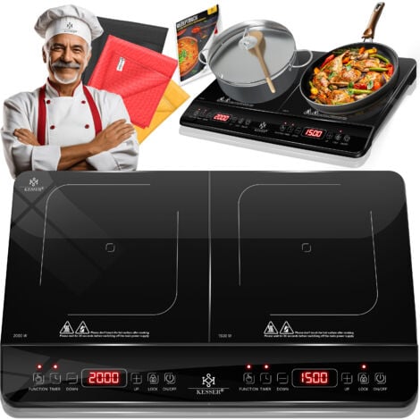 KESSER® Plaque de cuisson à induction Plaque de cuisson à induction 2 feux Plaque de cuisson portable + 3x chiffon microfibre + 1x livre de recettes  8 niveaux de chauffage  3500Watt / Noir