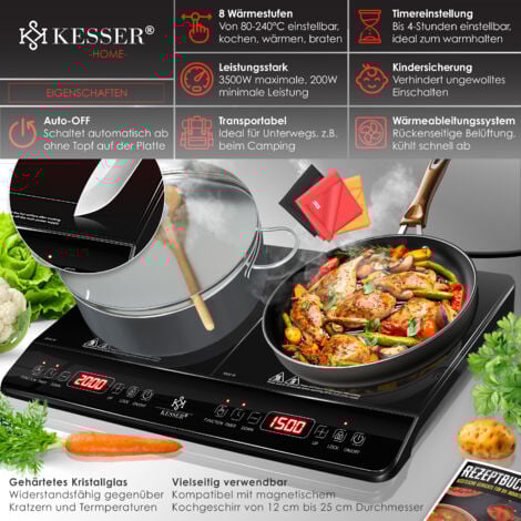 KESSER® Plaque de cuisson à induction Plaque de cuisson à induction 2 feux Plaque de cuisson portable + 3x chiffon microfibre + 1x livre de recettes  8 niveaux de chauffage  3500Watt / Noir