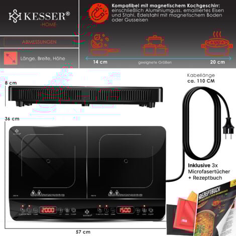 KESSER® Plaque de cuisson à induction Plaque de cuisson à induction 2 feux Plaque de cuisson portable + 3x chiffon microfibre + 1x livre de recettes  8 niveaux de chauffage  3500Watt / Noir
