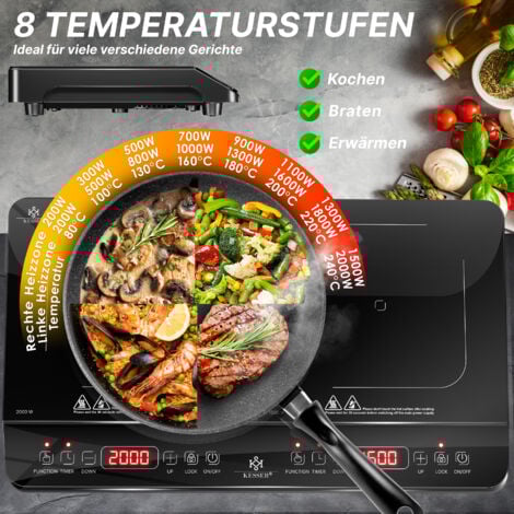 KESSER® Plaque de cuisson à induction Plaque de cuisson à induction 2 feux Plaque de cuisson portable + 3x chiffon microfibre + 1x livre de recettes  8 niveaux de chauffage  3500Watt / Noir