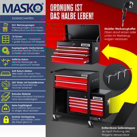 MASKO® Chariot d'atelier y compris mallette, 9 Compartiments verrouillables, Sans outil, Chariot pour le rangement des outils avec serrure, Rouge