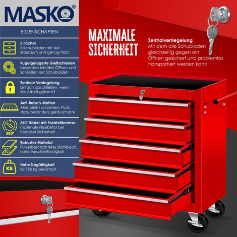 Masko® Chariot d'atelier Chariot d'outillage Caisse à outils Compartiments Toolbox Tool-Box  5 compartiments Rouge