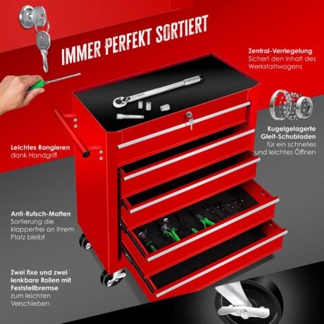Masko® Chariot d'atelier Chariot d'outillage Caisse à outils Compartiments Toolbox Tool-Box  5 compartiments Rouge