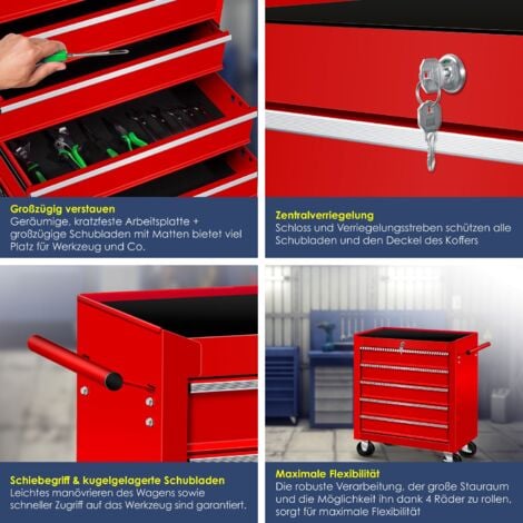 Masko® Chariot d'atelier Chariot d'outillage Caisse à outils Compartiments Toolbox Tool-Box  5 compartiments Rouge